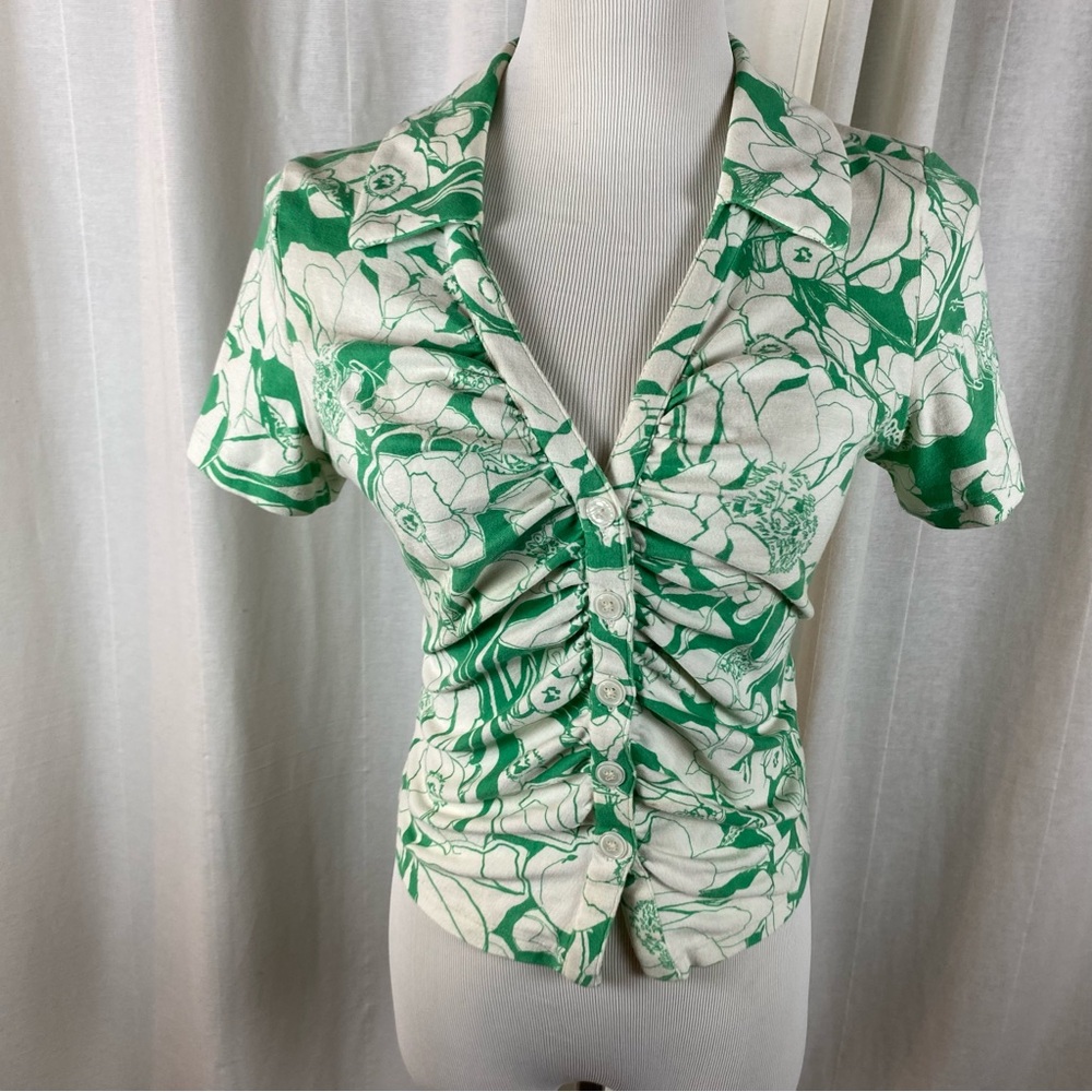 Anthropologie‎ Maeve Women’s Medium Ruched Blouse Green White Floral Collared